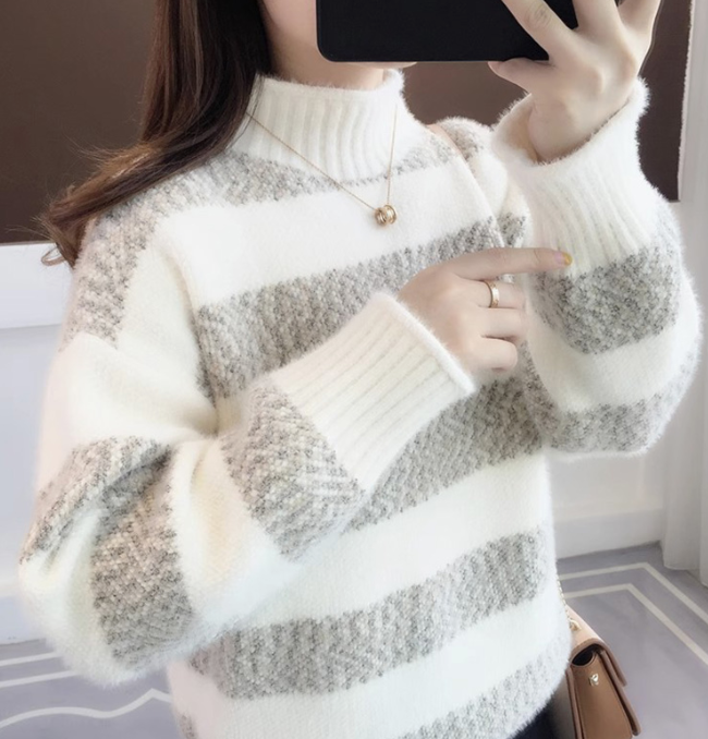 Nerissa | Weiß gestreifter Rollkragenpullover